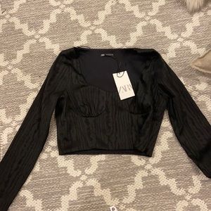 Zara satin never won black long sleeve bustier top